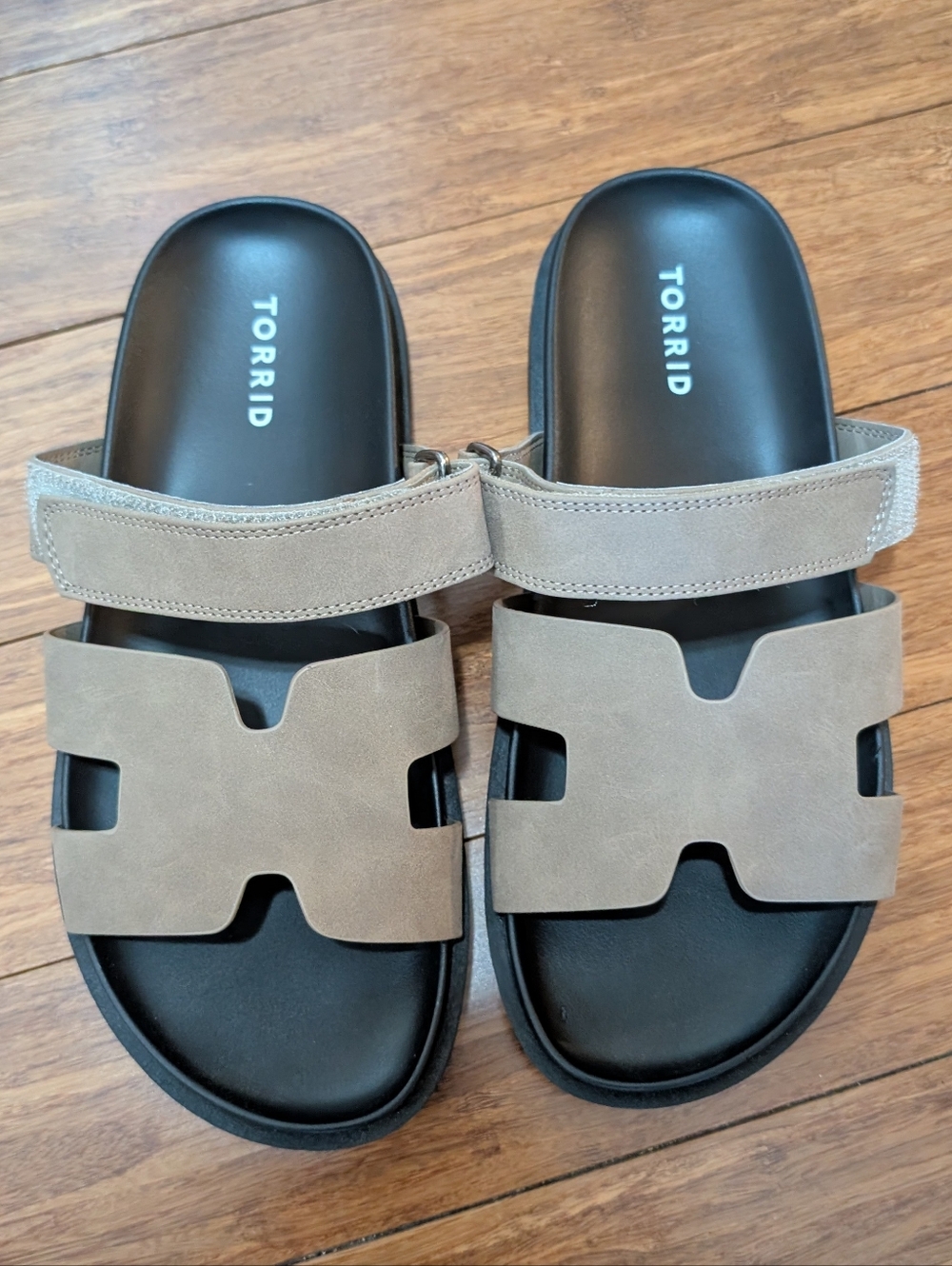 Torrid Taupe Strappy Slide Sandals with Black Footbed - 9.5WW